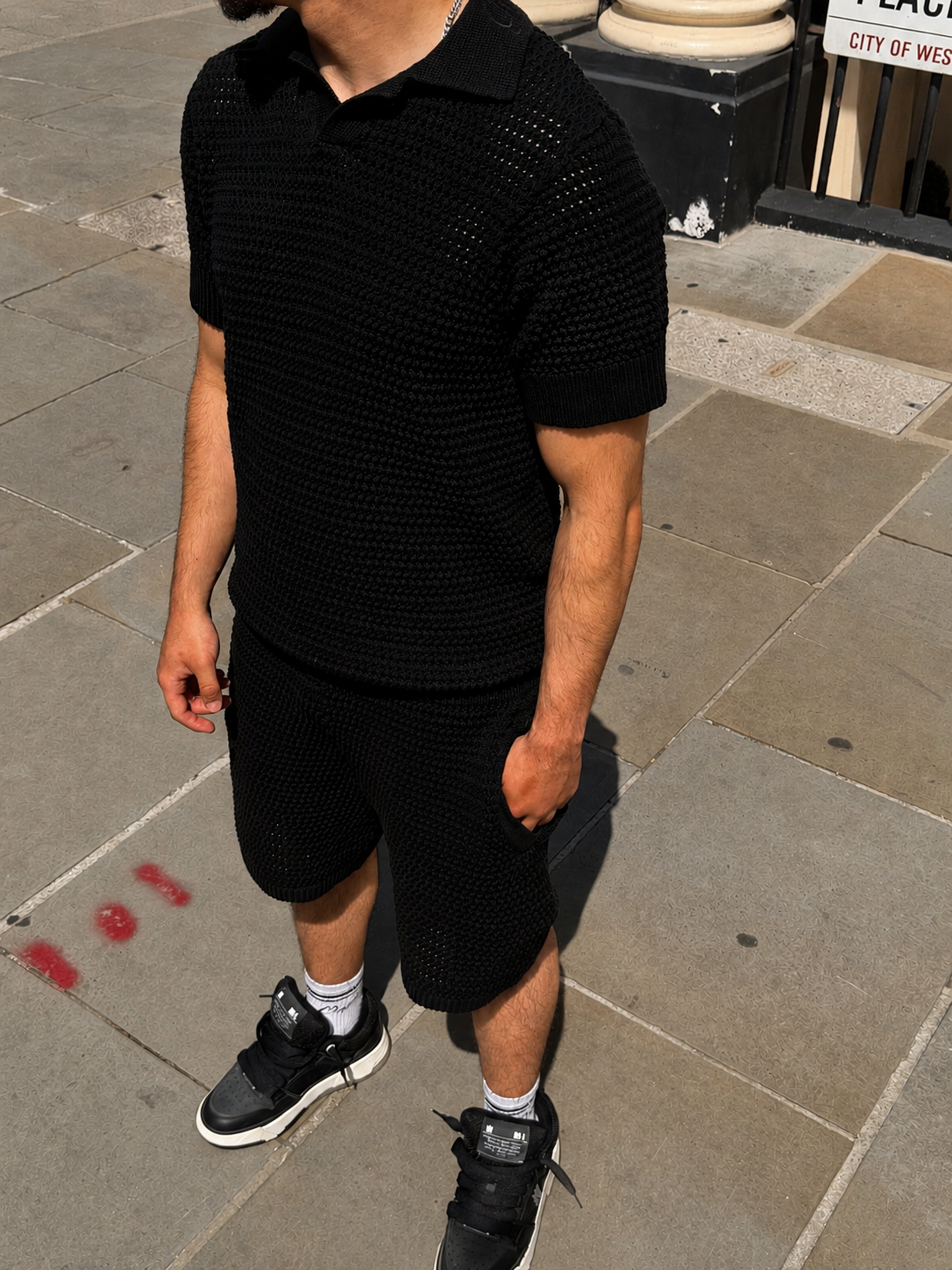Midnight Black Crochet Polo